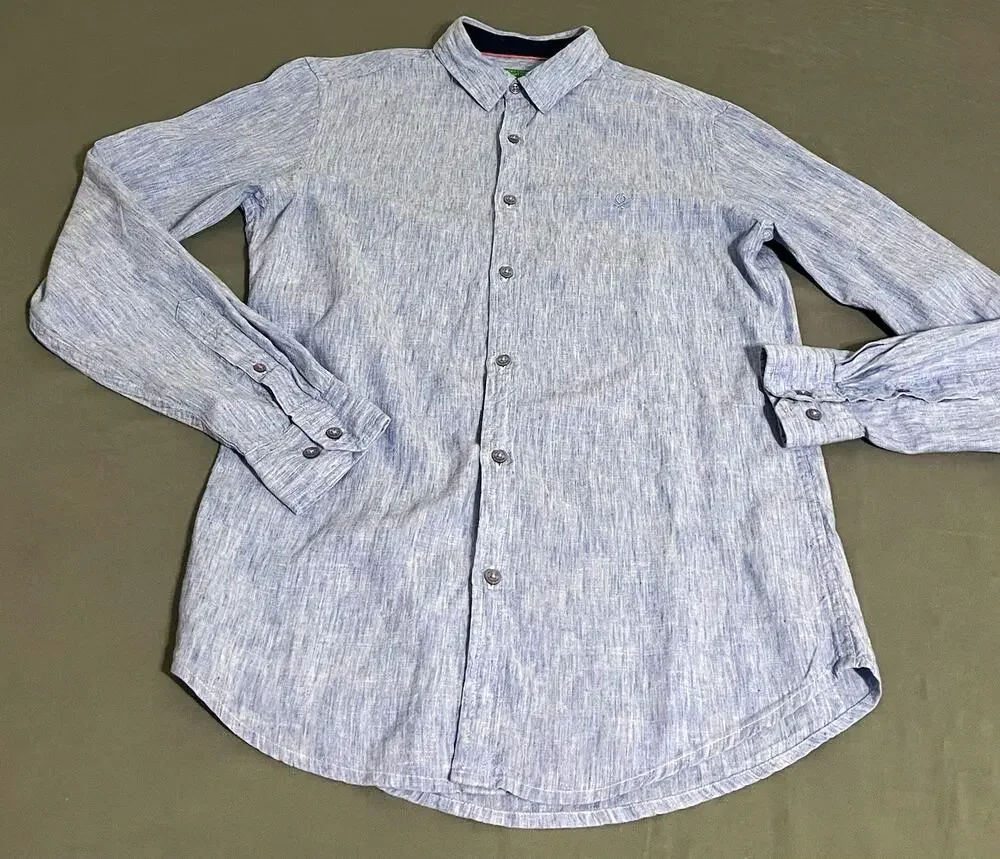United Colors of Benetton Mens S Light Blue Lyocell Linen Cotton Button Up Shirt